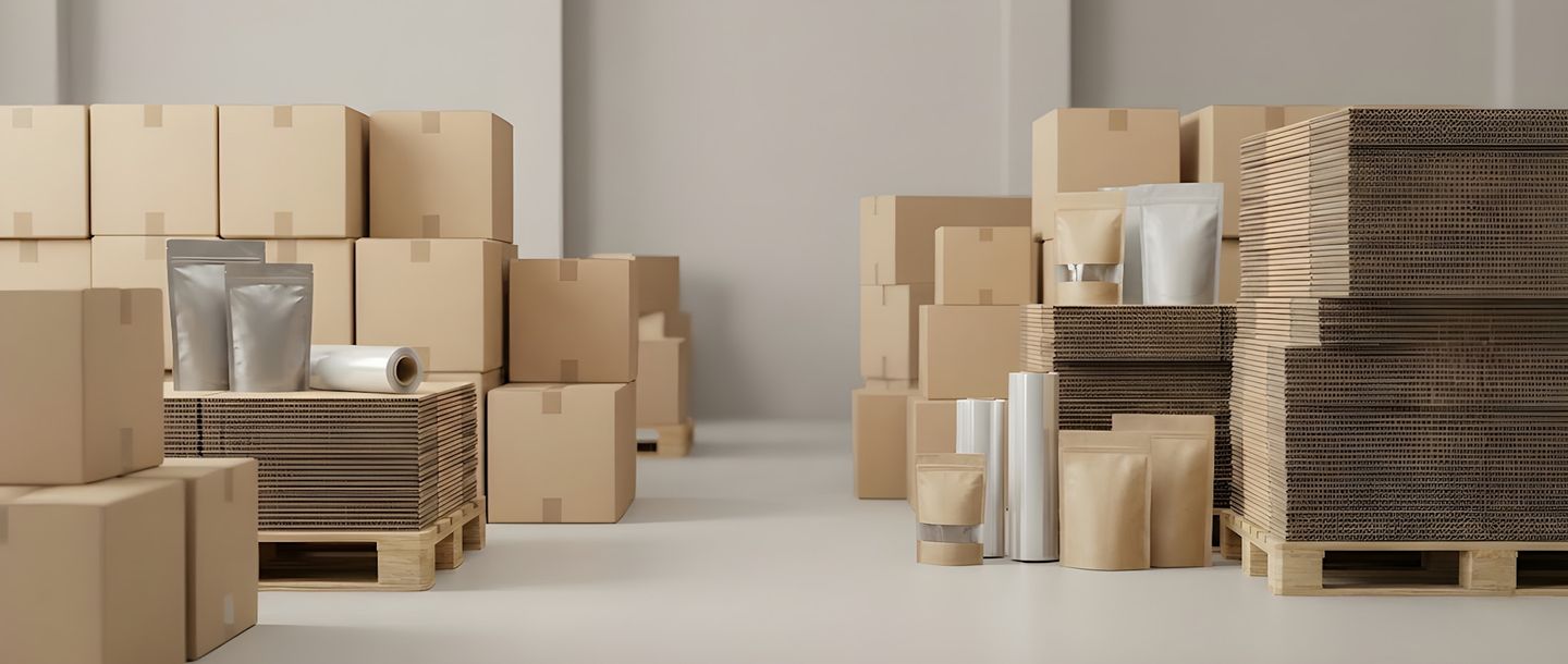 Boxes, packaging material, and pallets arranged in a warehouse.